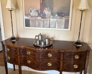 Vintage Drexel Heritage "Heirloom" Inlaid Mahogany Side Board, Brass Hardware. Purchased Richard Honquist of Barrington. Vintage French High Table Lamps. Painting NFS