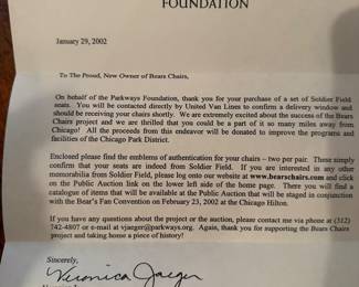 COA Letter for Chicago Bears Solider Field Stadium Seats