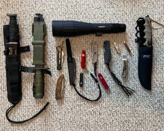 Redfield Rampage 20-45x60mm waterproof spotting scope with a nice collection of knives