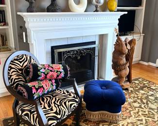 MacKenzie Childs Black Velvet Floral Bolster Pillows w/ Tassels; Blue Velvet Footstool.