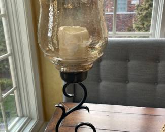 Metal Scrolled Design Candle Holder with Transparent Copper Brown Glass Globes, 19"H x5"Wx5"D - $65.00/each