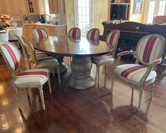 French Country Solid Wood Double Pedestal Oval Dining Table (88" x 51" x 30"H) with 6 Side and 2 Captain Chairs - $4,200.00/9 Piece Set - *Captain chairs have a monogram "M"* 