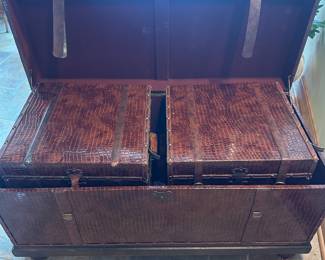 Brown Faux Leather Gator Pattern Storage Trunks (set of 3) - Lg Trunk: 45.5"L x 20"D x 18.5"T; 2 Sm Trunks: 17.5"L x 16.5"D x 17"T - $125.00