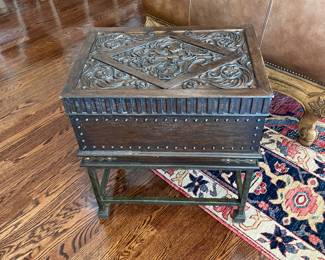 Signature Heritage Furniture Carved Oak Writing Box on Stand, 20.5" x 14.5" x 22"T - $395.00