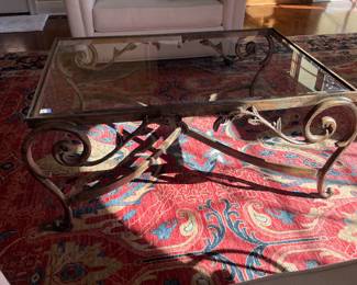 Hollywood Regency Scrolled Gold Metal Glass Coffee Table, 43" x 30.3" x 18"T - $625.00 