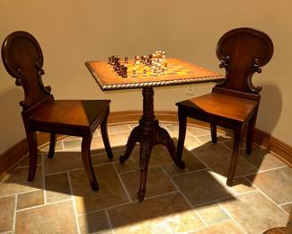 Vintage-Style Gaming Chess Table with Two Matching Chairs -Table: 24.5" x 28"T; Chairs: 16.6"L x 18"W x 34"T - $745.00