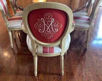 French Country Solid Wood Double Pedestal Oval Dining Table (88" x 51" x 30"H) with 6 Side and 2 Captain Chairs - $4,200.00/9 Piece Set - *Captain chairs have a monogram "M"* 