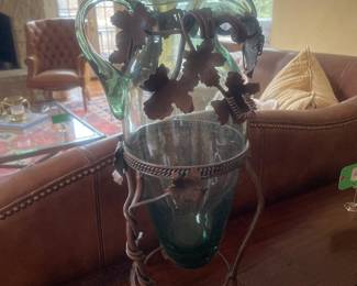 Vintage Glass Pitcher with Wrought Iron Grapevine Collar & Stand – Rustic Tuscan Jug Vase – 18” Tall Decorative Centerpiece - $165.00