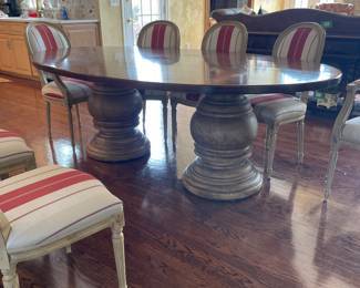 French Country Solid Wood Double Pedestal Oval Dining Table (88" x 51" x 30"H) with 6 Side and 2 Captain Chairs - $4,200.00/9 Piece Set - *Captain chairs have a monogram "M"* 