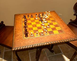Vintage-Style Gaming Chess Table with Two Matching Chairs -Table: 24.5" x 28"T; Chairs: 16.6"L x 18"W x 34"T - $745.00
