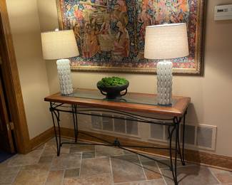 Wrought Iron Console/Sofa Table with Wood-Framed Glass Top - 53" L x 17"D x 27.5" H - $98.00