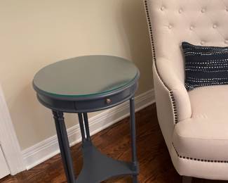 Painted Blue Wood Round Accent Table with One Drawer and Added Glass Top, 18" Round x 26"T - $140.00