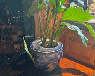 Vintage Chinoiserie Porcelain Dark Blue with Tassel Design Planter, 12"T x 15"W - $225.00