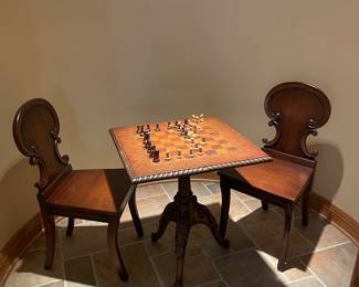 Vintage-Style Gaming Chess Table with Two Matching Chairs -Table: 24.5" x 28"T; Chairs: 16.6"L x 18"W x 34"T - $745.00