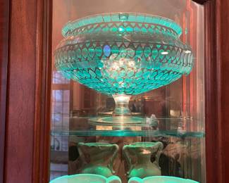 Vintage Green Cut Glass Bowl with Pedestal Base - $56.00