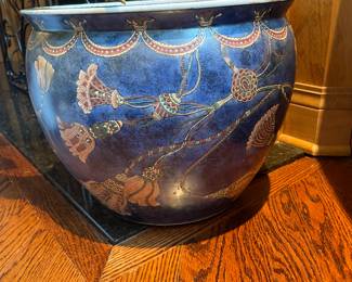 Vintage Chinoiserie Porcelain Dark Blue with Tassel Design Planter, 12"T x 15"W - $225.00
