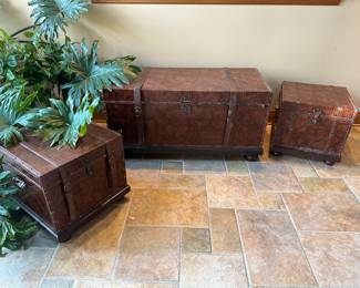 Brown Faux Leather Gator Pattern Storage Trunks (set of 3) - Lg Trunk: 45.5"L x 20"D x 18.5"T; 2 Sm Trunks: 17.5"L x 16.5"D x 17"T - $125.00