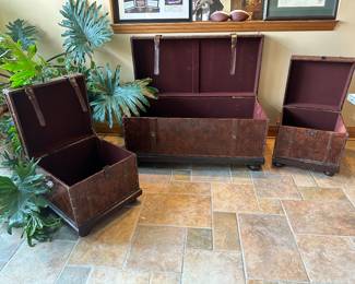 Brown Faux Leather Gator Pattern Storage Trunks (set of 3) - Lg Trunk: 45.5"L x 20"D x 18.5"T; 2 Sm Trunks: 17.5"L x 16.5"D x 17"T - $88.00