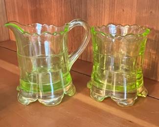 Vintage Green Uranium Glass Creamer and Sugar Bowl Set