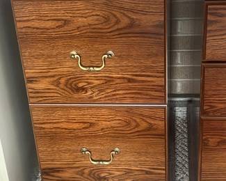 Vintage Oak Two-Drawer Filing Cabinet with Decorative Carved Detail and Brass-Toned Pulls