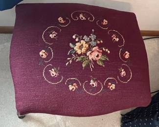 Antique French Style Needlepoint Footstool with Carved Wood Frame