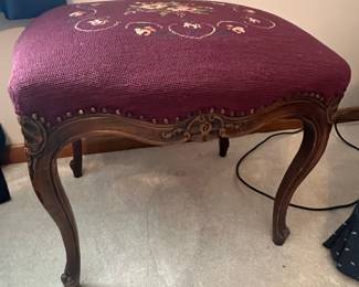 Antique French Style Needlepoint Footstool with Carved Wood Frame