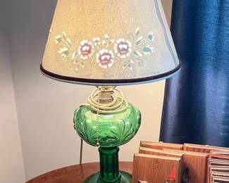 Vintage Emerald Green Glass Lincoln Drape Oil Lamp with Floral Shade
