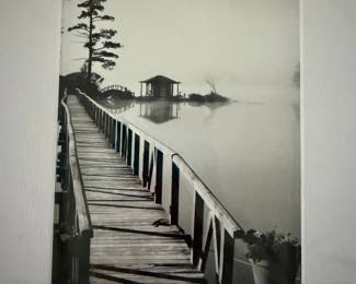 Black and White Photograph of a Boardwalk and Gazebo