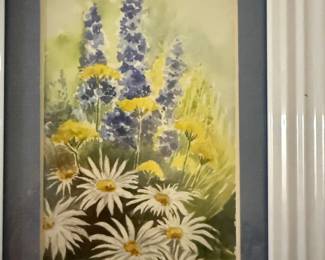 Watercolor Painting of Daisies and Blue Flowers by Doris R. Peterson