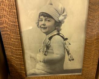 Antique Child Portrait with Ice Skates in Oak Frame