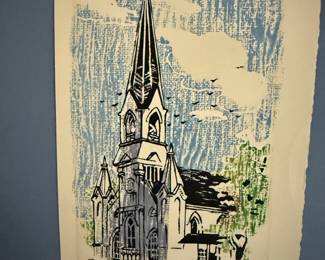 Charles Surendorf "Red Church" Linocut Print
