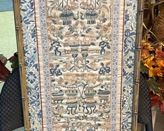 Antique Chinese Silk Embroidery Panel with Vases and Flowers