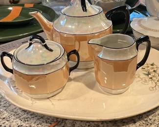 Vintage Peach Lusterware Teapot, Sugar Bowl, Creamer, and Tray Set