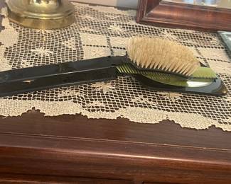 Vintage Bakelite Hair Brush and Comb Set - Lime Green and Black