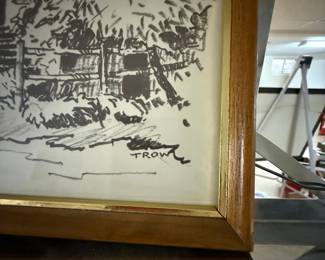 Pencil Sketch of a Building with Trees, Signed 'Trow'