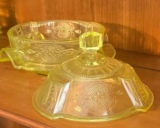Vaseline Glass Covered Dish - Federal Glass Madrid Pattern