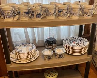 Blue and White Transferware Mugs, Plates, and Decorative Jars Set
