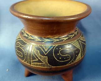 Native American Etched Pottery Vessel With Three Legs