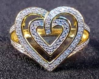 14K Yellow Gold Over Solid Sterling Silver Diamond Heart Ring, Sz 7