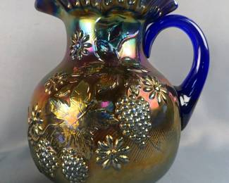 Dugan Floral & Grape Carnival Glass Water Blue Handle Pitcher And 4 Tumblers 