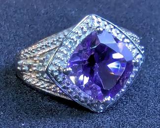14K White Gold Over Sterling Silver Amethyst & Diamond Ring, Sz 7 