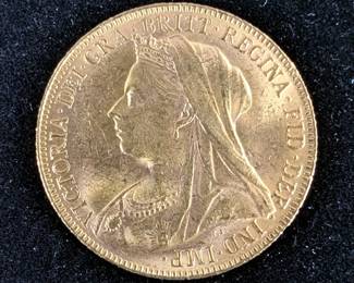 1899 Queen Victoria Gold Sovereign Coin, Fineness 916.7, Pure Gold Content 7.3224 Grams 