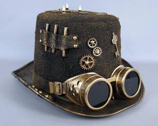 Steampunk Top Hat With Goggles And Brass-Tone Accents, 6.25" Tall x 12" Long x 10.5" Wide 