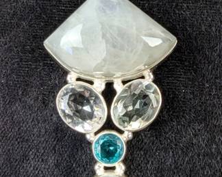 Sterling Silver, Moonstone Cabochon, And Light Blue Topaz Gemstone Pendant In Floating Display Case, 925 Silver