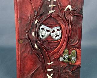 Handcrafted Latching Leather Journal With Metal Theater Masks, 8" x 5.5" 
