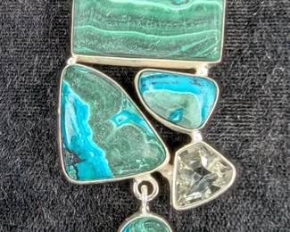 Sterling Silver, Cabochon, And Gemstone Pendant In Floating Display Case, 925 Silver