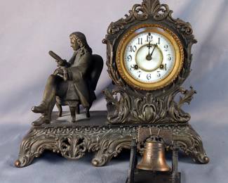 Ansonia Shakespeare Figural Mantel Clock And Liberty Bell Figurine 