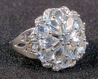 Sterling Silver Swiss Blue Topaz And Diamond Ring, Sz 7 