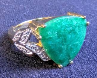 14K Yellow Gold Over Solid Sterling Silver Emerald and Diamond Ring, Size 7 