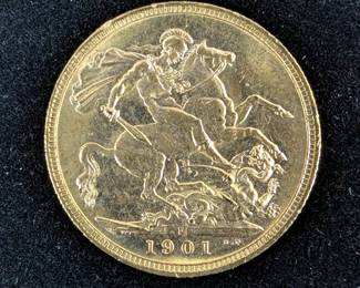 1894, 1899, And 1901 Queen Victoria Gold Sovereign Coins, Fineness 916.7, Pure Gold Content 7.3224 Grams Each 